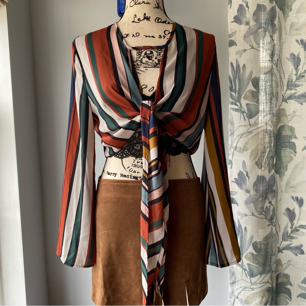 Olivaceous Striped Tie front Bell Sleeve Top Retro Boho Blouse - M, L - NWT